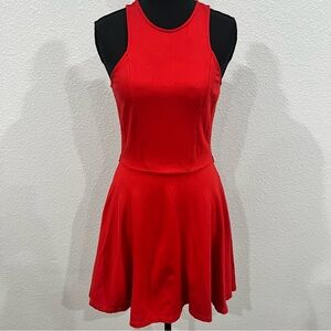 Bebe Women's Red Halter Mini Dress Back Zipper Detail Flair Skirt Size S